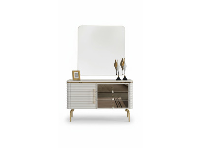 Élégant ensemble de chambre à coucher en blanc avec commode ronde à LED, 2 pièces
