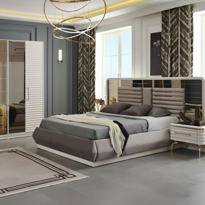 Meubles de chambre à coucher modernes Conception Lit double 2x Tables de chevet en bois 3pcs