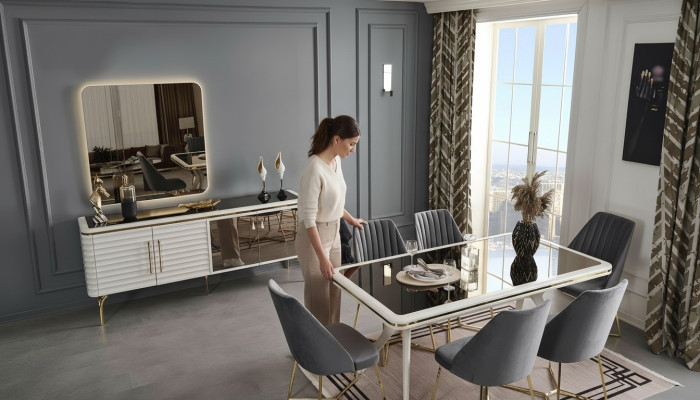 Blanc - Gris Salle à manger Ensemble Table en bois 6 chaises en textile Buffet 9 pièces