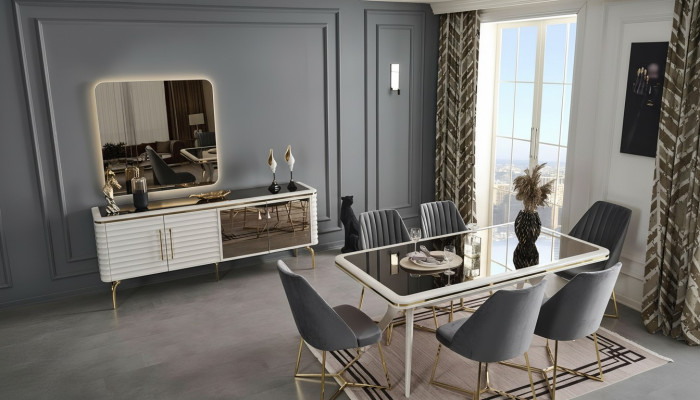 Blanc - Gris Salle à manger Ensemble Table en bois 6 chaises en textile Buffet 9 pièces