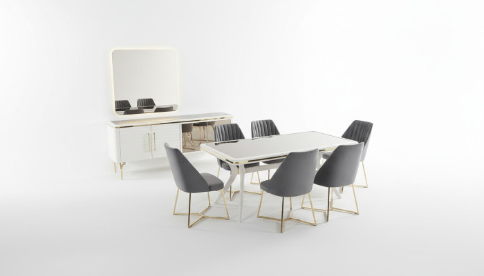 Blanc - Gris Salle à manger Ensemble Table en bois 6 chaises en textile Buffet 9 pièces