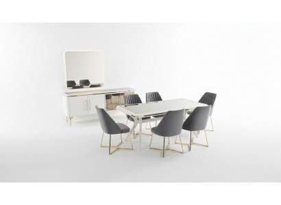 Blanc - Gris Salle à manger Ensemble Table en bois 6 chaises en textile Buffet 9 pièces