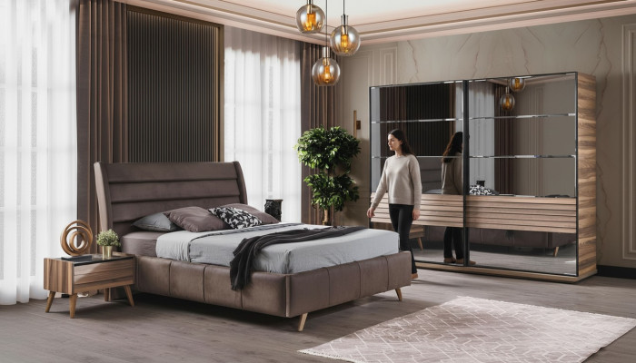 Mobilier de chambre moderne Lit double Rembourrage Tables de chevet en bois Armoire