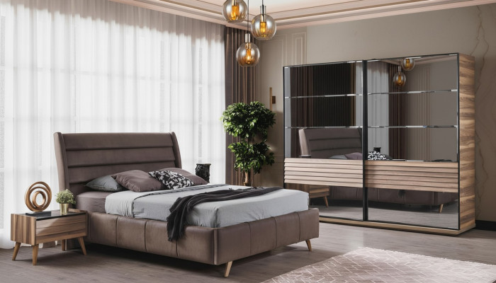 Mobilier de chambre moderne Lit double Rembourrage Tables de chevet en bois Armoire