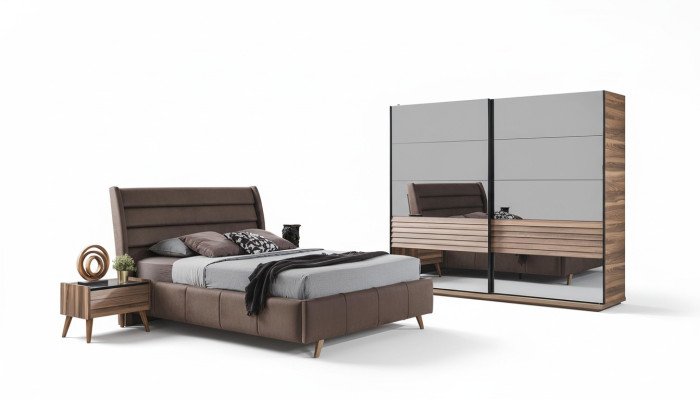 Mobilier de chambre moderne Lit double Rembourrage Tables de chevet en bois Armoire