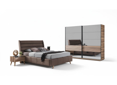 Mobilier de chambre moderne Lit double Rembourrage Tables de chevet en bois Armoire