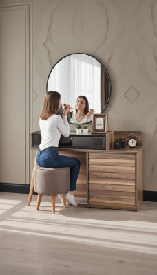 Coiffeuse en bois marron avec miroir rond Ensemble de chambre à coucher de designer console 2 pièces