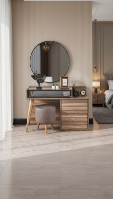 Coiffeuse en bois marron avec miroir rond Ensemble de chambre à coucher de designer console 2 pièces