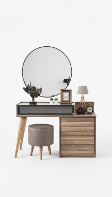 Coiffeuse en bois marron avec miroir rond Ensemble de chambre à coucher de designer console 2 pièces