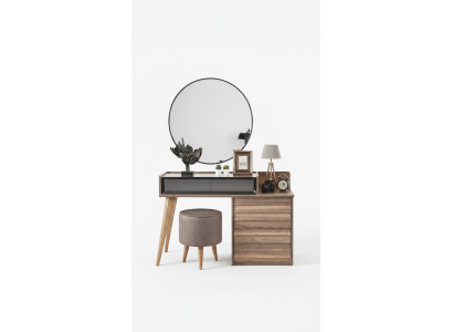 Coiffeuse en bois marron avec miroir rond Ensemble de chambre à coucher de designer console 2 pièces