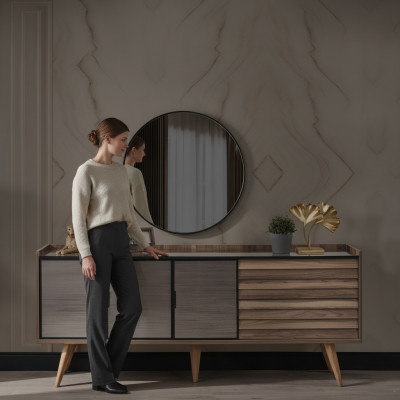 Ensemble de salle à manger marron Buffet élégant Miroir rond Meubles en bois 2 pièces