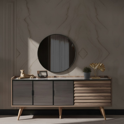 Ensemble de salle à manger marron Buffet élégant Miroir rond Meubles en bois 2 pièces