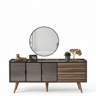 Ensemble de salle à manger marron Buffet élégant Miroir rond Meubles en bois 2 pièces