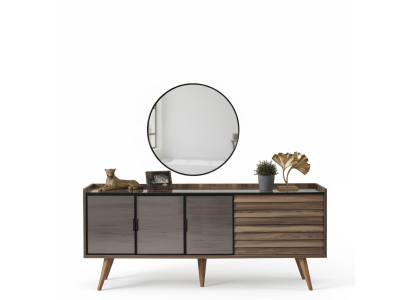 Ensemble de salle à manger marron Buffet élégant Miroir rond Meubles en bois 2 pièces