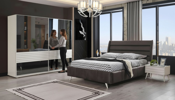 Meubles de chambre Armoire en verre Designer Lit double Tables de chevet en bois 4 pièces