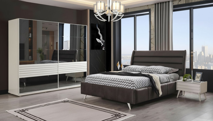 Meubles de chambre Armoire en verre Designer Lit double Tables de chevet en bois 4 pièces