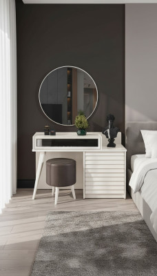 Coiffeuse blanche avec tiroirs, chaise ronde, console, tabouret rembourré de luxe - 3 pièces