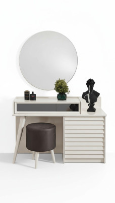 Coiffeuse blanche avec tiroirs, chaise ronde, console, tabouret rembourré de luxe - 3 pièces