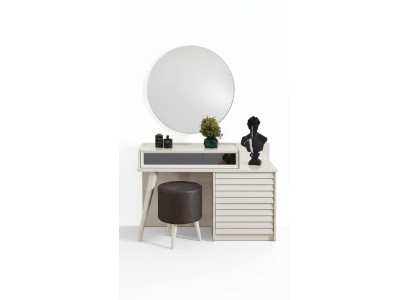Coiffeuse blanche avec tiroirs, chaise ronde, console, tabouret rembourré de luxe - 3 pièces