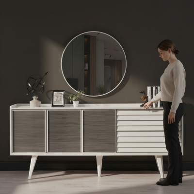 Buffet blanc luxueux, miroir rond design, ensemble de meubles en bois 2 pièces neuf.