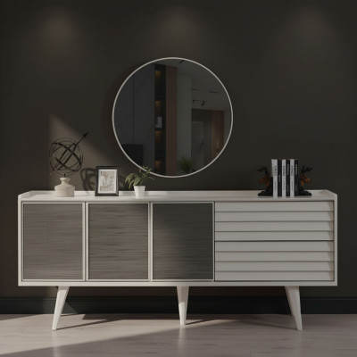 Buffet blanc luxueux, miroir rond design, ensemble de meubles en bois 2 pièces neuf.