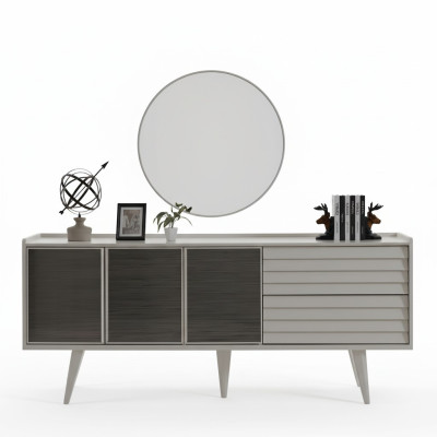 Buffet blanc luxueux, miroir rond design, ensemble de meubles en bois 2 pièces neuf.