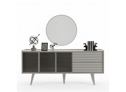Buffet blanc luxueux, miroir rond design, ensemble de meubles en bois 2 pièces neuf.