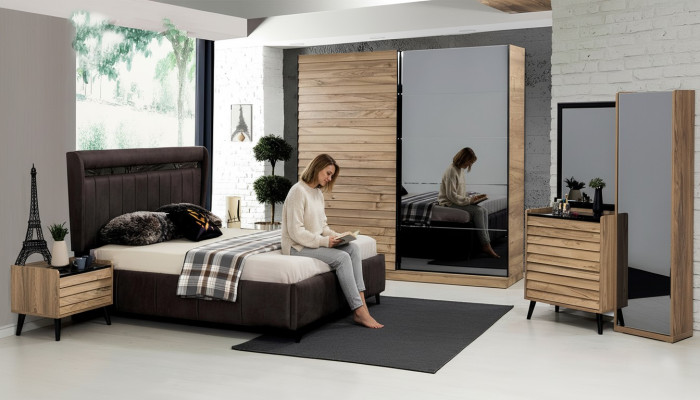 Designer de meubles de chambre à coucher Lit rembourré 2x Tables de chevet Armoire