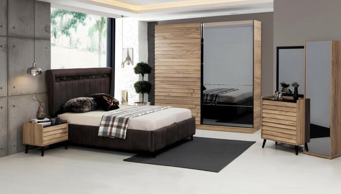 Designer de meubles de chambre à coucher Lit rembourré 2x Tables de chevet Armoire