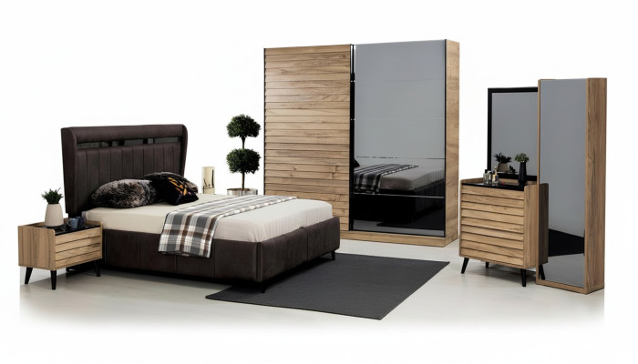 Designer de meubles de chambre à coucher Lit rembourré 2x Tables de chevet Armoire