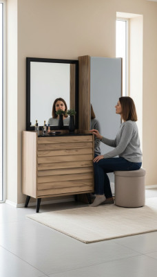 Commode haute marron avec miroir Ensemble de console de chambre à coucher design en 2 pièces