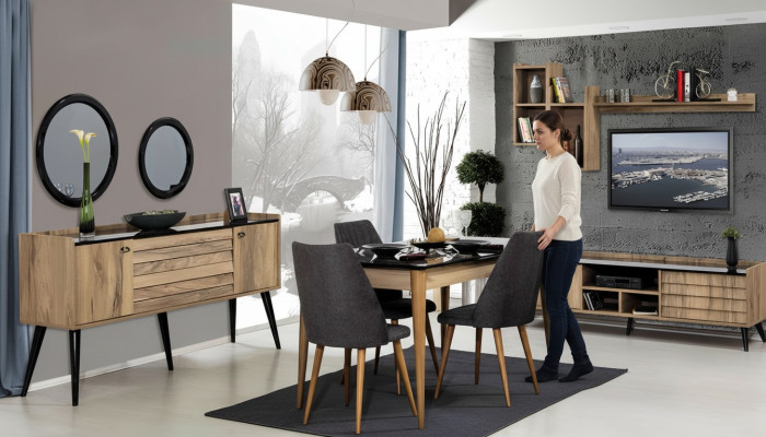 Noir - Ensemble de salle à manger Brun Table à manger 4 chaises Bahut Miroir 8 pièces