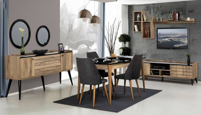 Noir - Ensemble de salle à manger Brun Table à manger 4 chaises Bahut Miroir 8 pièces