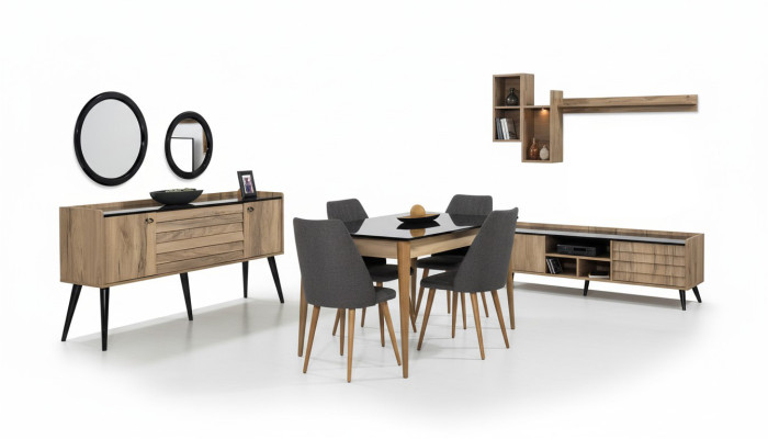 Noir - Ensemble de salle à manger Brun Table à manger 4 chaises Bahut Miroir 8 pièces