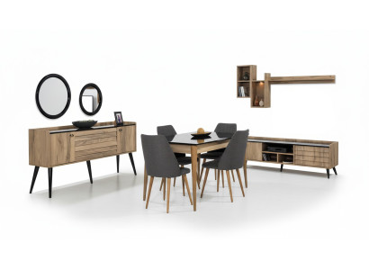 Noir - Ensemble de salle à manger Brun Table à manger 4 chaises Bahut Miroir 8 pièces