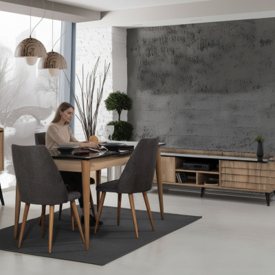 Salle à manger Groupe Designer Table à manger brune 4x chaises rembourrées noires