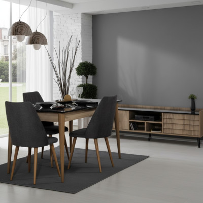 Salle à manger Groupe Designer Table à manger brune 4x chaises rembourrées noires