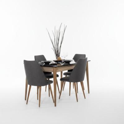 Salle à manger Groupe Designer Table à manger brune 4x chaises rembourrées noires
