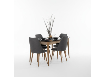 Salle à manger Groupe Designer Table à manger brune 4x chaises rembourrées noires