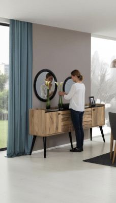 Ensemble de meubles de salle à manger de designer Buffet en bois brun clair avec miroir en verre