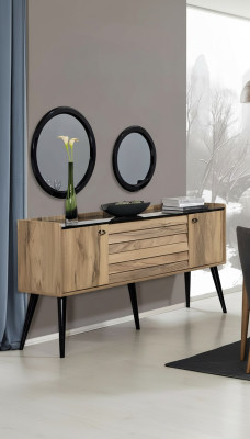 Ensemble de meubles de salle à manger de designer Buffet en bois brun clair avec miroir en verre