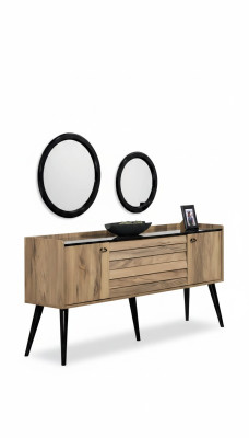 Ensemble de meubles de salle à manger de designer Buffet en bois brun clair avec miroir en verre