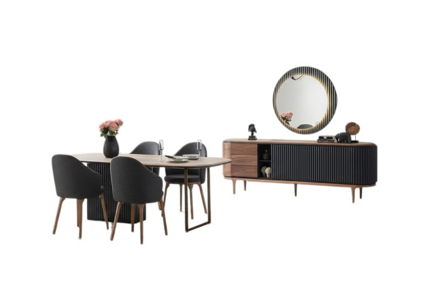 Grand ensemble de salle à manger, table de salle à manger design, 4 chaises rembourrées, buffet
