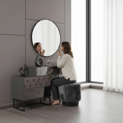 Designer coiffeuse grise avec miroir rond tabouret rembourré luxe ensamble de 3 pièces