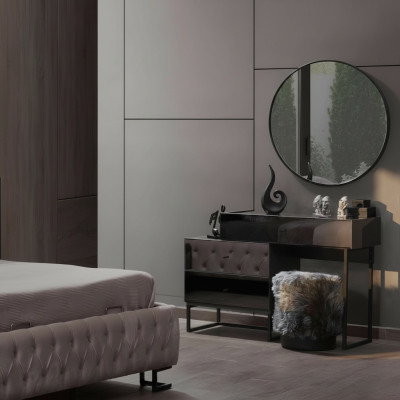 Designer coiffeuse grise avec miroir rond tabouret rembourré luxe ensamble de 3 pièces
