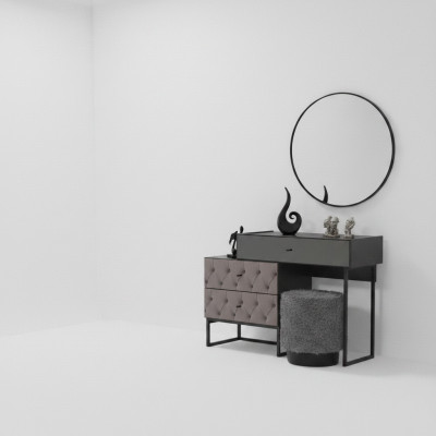 Designer coiffeuse grise avec miroir rond tabouret rembourré luxe ensamble de 3 pièces