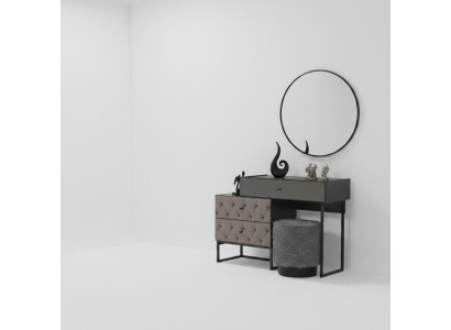 Designer coiffeuse grise avec miroir rond tabouret rembourré luxe ensamble de 3 pièces