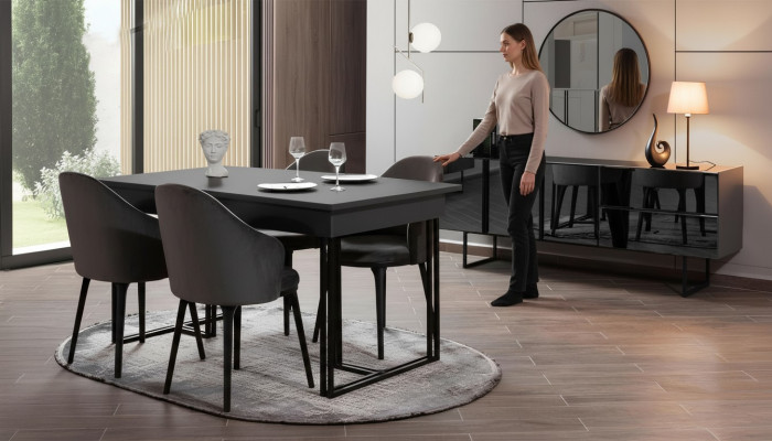 Mobilier de salle à manger en bois noir noble, table à manger de designer, bahut, chaises