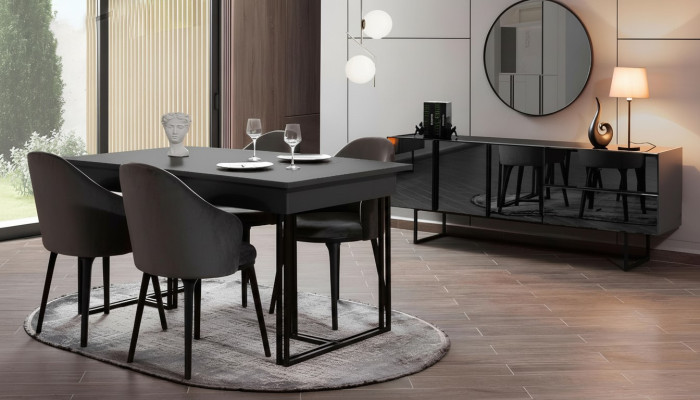 Mobilier de salle à manger en bois noir noble, table à manger de designer, bahut, chaises