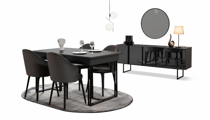 Mobilier de salle à manger en bois noir noble, table à manger de designer, bahut, chaises